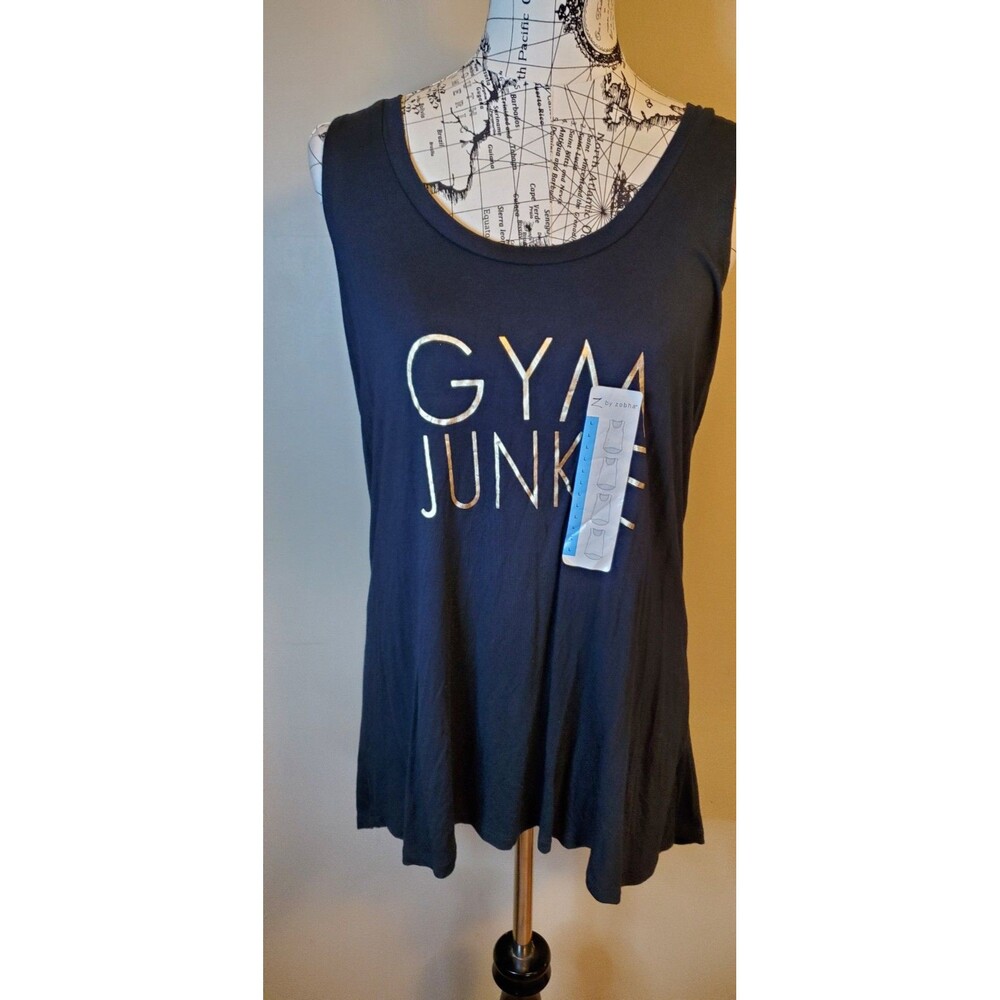 Z by Zobha Large Women’s Gym Junkie Tank Top Black Gold Graphic Athletic Shirt